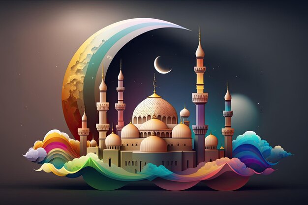 Fond de Ramadan Kareem avec mosquée et croissant de lune rendu 3d