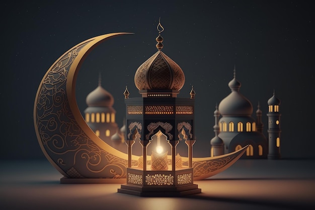 Fond de Ramadan Kareem avec mosquée et lanterne AI générative