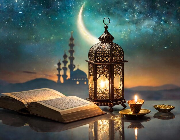 fond de ramadan avec une lanterne un livre et une bougie