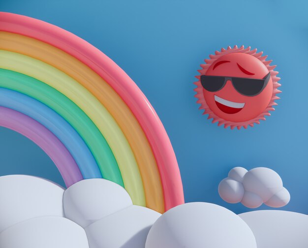 Fond de rendu 3d de soleil et arc-en-ciel cartoon.