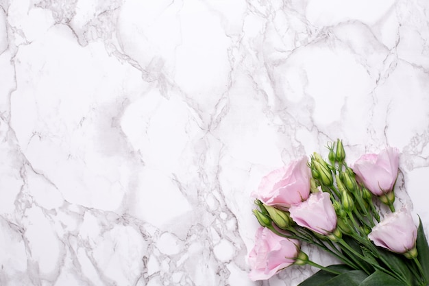 Fond romantique avec des fleurs roses sur une table en marbre