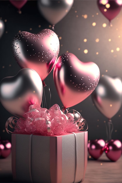 Fond romantique réaliste avec boîte-cadeau de ballons en forme de coeur et effets de lumière sur fond flou avec des confettis