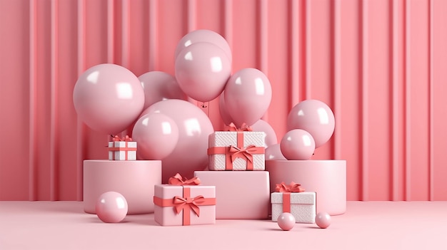 Un fond rose avec des ballons et une boîte cadeau