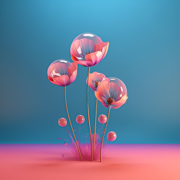 Un fond rose et bleu avec un bouquet de fleurs et de bulles.