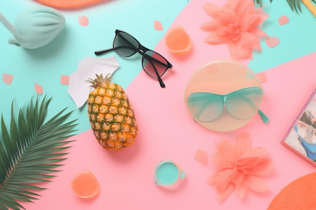 Un fond rose et bleu avec un fond d'été d'ananas et de lunettes de soleil