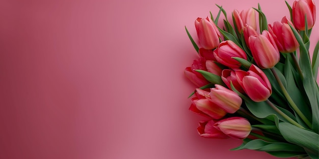 un fond rose avec un bouquet de fleurs de tulipes