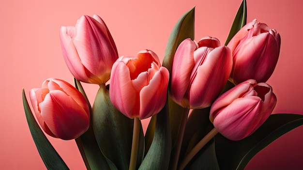 Un fond rose avec un bouquet de tulipes.