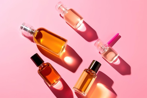 Un fond rose avec des bouteilles de parfum dessus