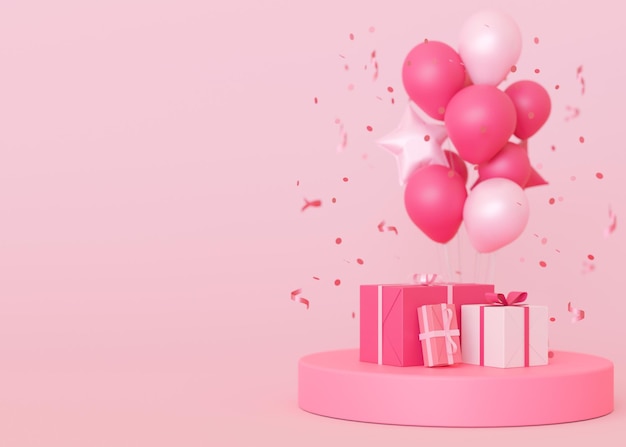 Fond rose avec des cadeaux de ballons à l'hélium et espace de copie