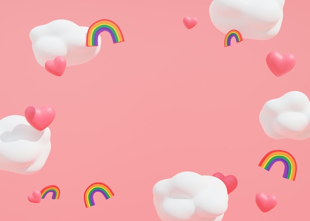 Fond rose avec coeurs nuages arcs-en-ciel avec couleurs lgbt et espace de copie Toile de fond de la Saint-Valentin Espace vide pour le texte publicitaire Diversité homosexualité Communauté LGBT Bannière Rendu 3D