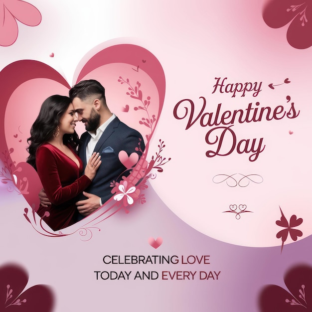 un fond rose avec un couple qui s'embrasse et un texte en forme de cœur qui dit bonjour de la Saint-Valentin