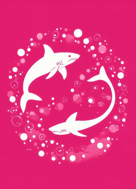 Photo un fond rose avec deux requins et un poisson au milieu