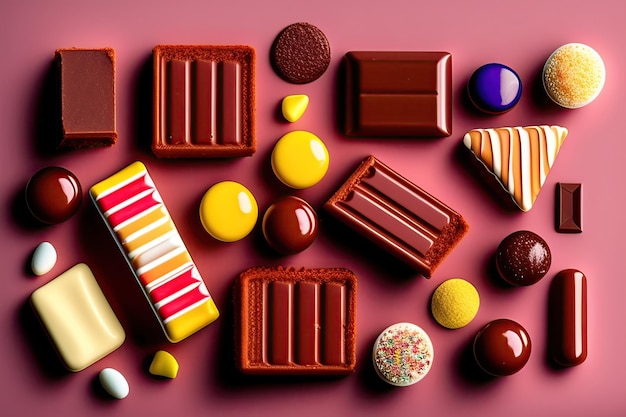 Un fond rose avec différents chocolats et friandises