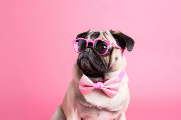 Sur fond rose, un drôle de chien Carlin porte des lunettes roses