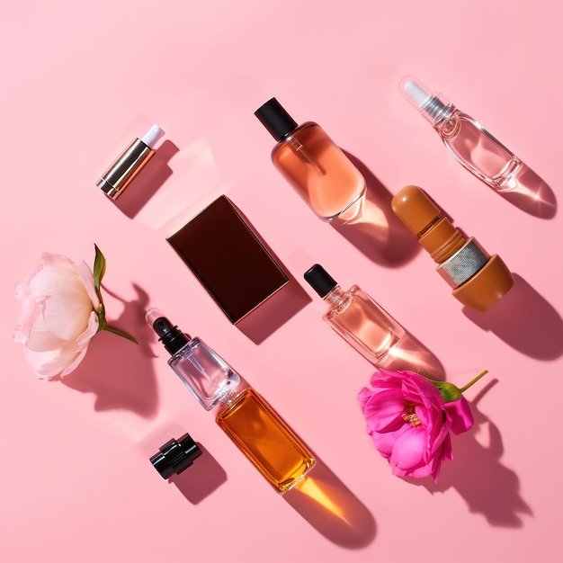 Un fond rose avec des flacons de parfum et une fleur rose