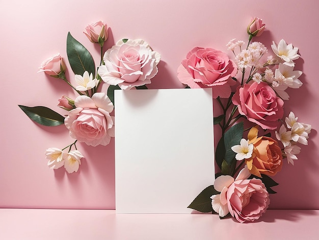 Un fond rose avec des fleurs et une carte blanche