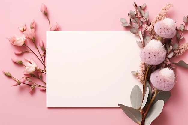 un fond rose avec des fleurs et une carte pour le texte " le mot printemps "