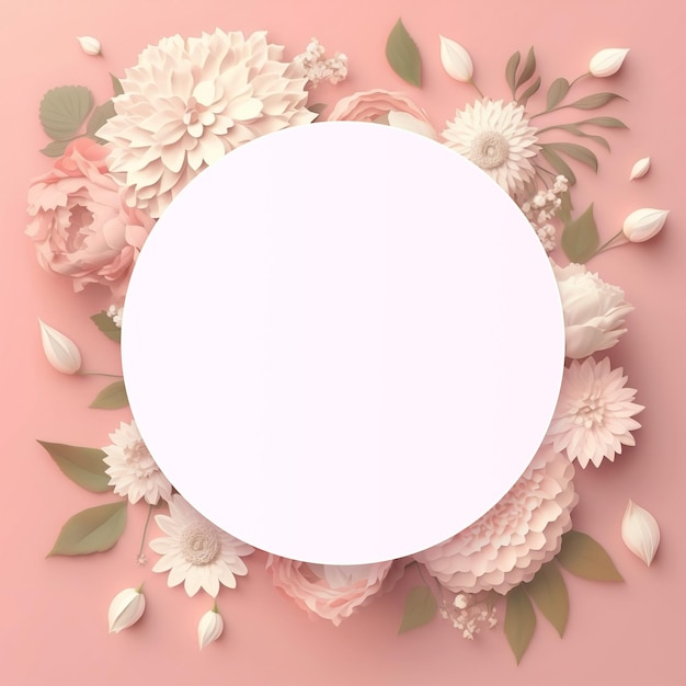 Un fond rose avec des fleurs et un cercle blanc rond