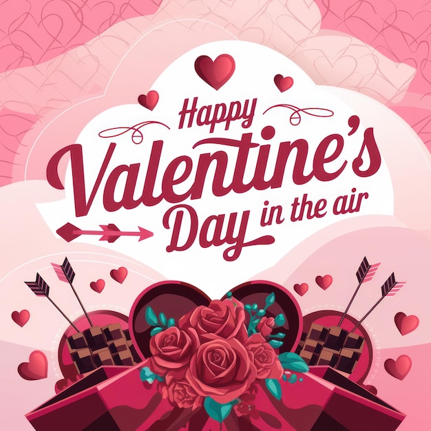 Un fond rose avec un fond rose avec une boîte de fleurs et des cœurs dans l'air