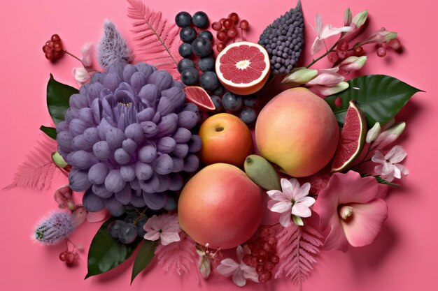 Un fond rose avec des fruits et des fleurs.