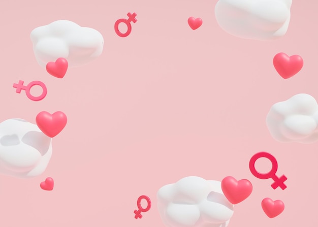 Fond rose de la journée de la femme avec espace de copie pour la publicité textuelle Nuages de coeurs et signes de sexe féminin Rendu 3D de lévitation