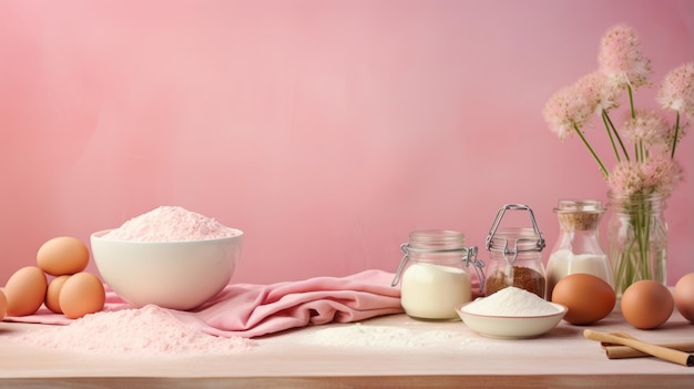 Un fond rose pastel vif avec des ingrédients de pâtisserie maison