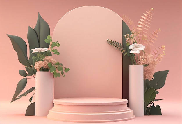 Fond rose avec un podium et des fleurs génératives ai