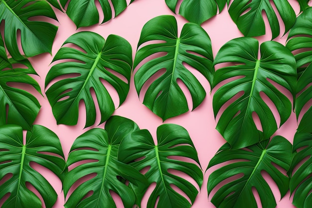 Un fond rose présentant une vue de dessus à plat des feuilles de Monstera en vert vif