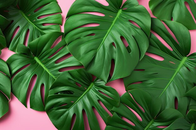 Un fond rose présentant une vue de dessus à plat des feuilles de Monstera en vert vif