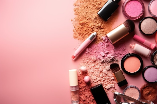 Un fond rose avec des produits de maquillage dessus