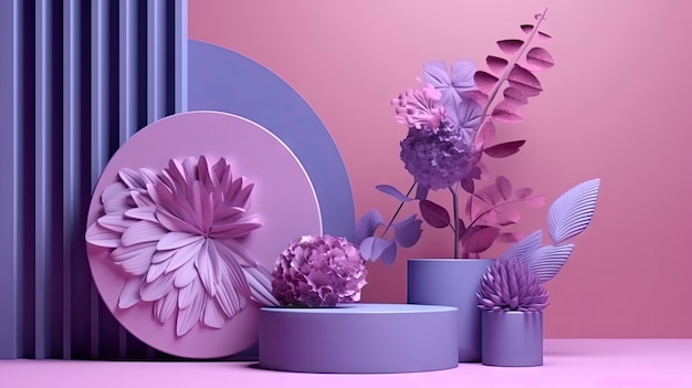 Un fond rose et violet avec des fleurs et un vase.