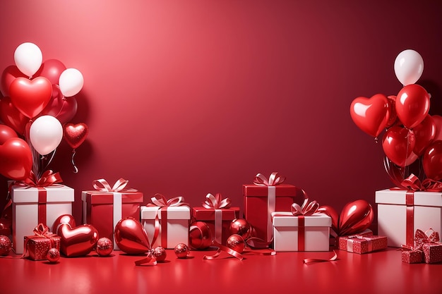 Fond rouge avec des ballons coeurs et des paquets cadeaux avec espace de copie