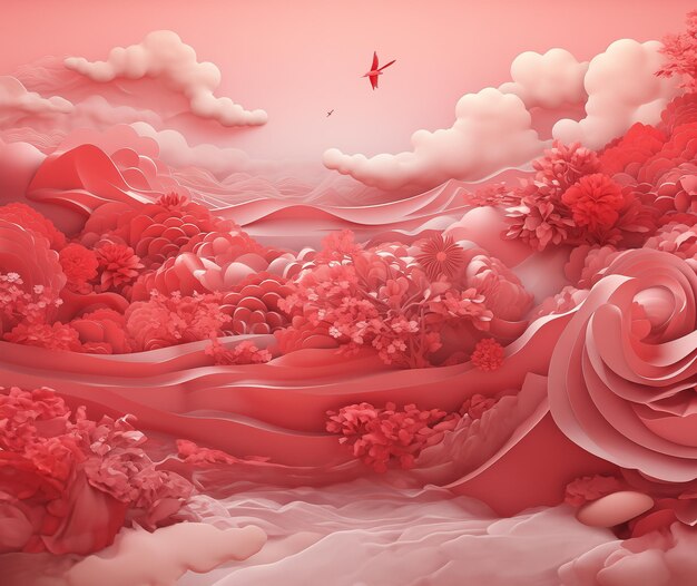 Fond rouge belle vue et oiseau ciel rouge et nuage blanc et grande fleur GenerativeAI style chinois papercut style forêt rouge