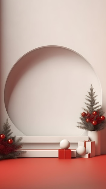 Fond rouge et blanc de Noël avec un arbre de Noël pour le produit et le texte