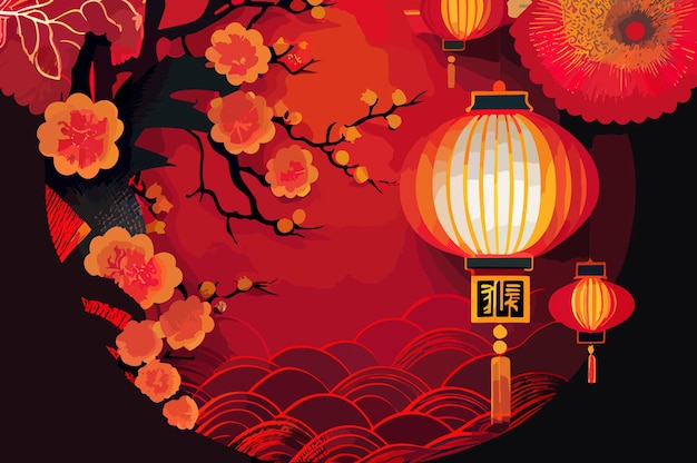Fond rouge chinois avec des lanternes et des fleurs