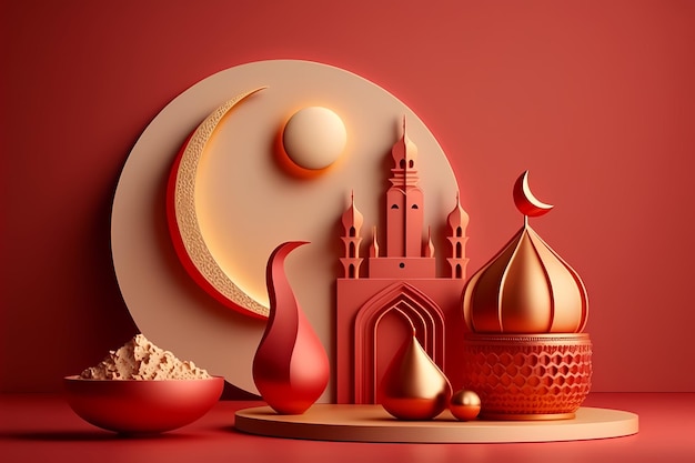 Un fond rouge avec un croissant de lune et une mosquée.