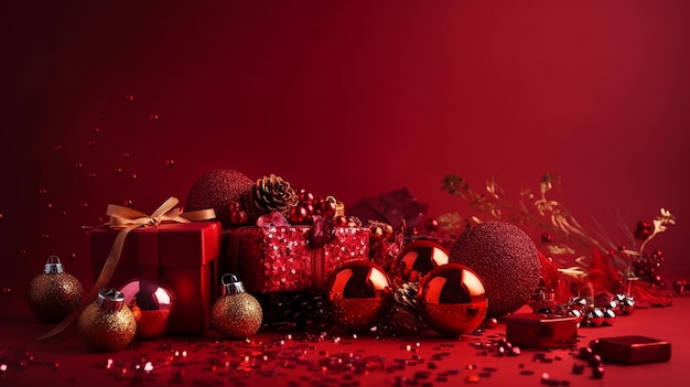 Un fond rouge avec des décorations de Noël et un fond rouge