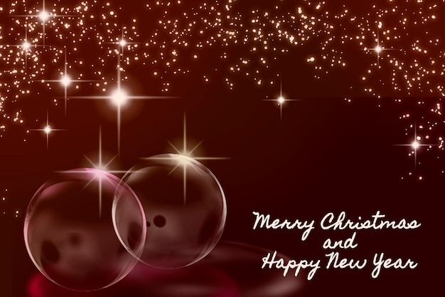 Fond rouge foncé joyeux Noël et bonne année avec des étoiles sur le dessus et des sphères transparentes