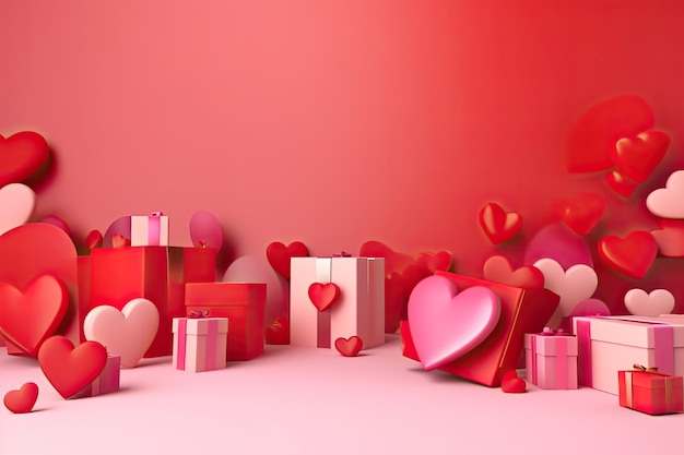Fond rouge avec heartsballoons et paquets cadeaux avec copie espace Ai générative