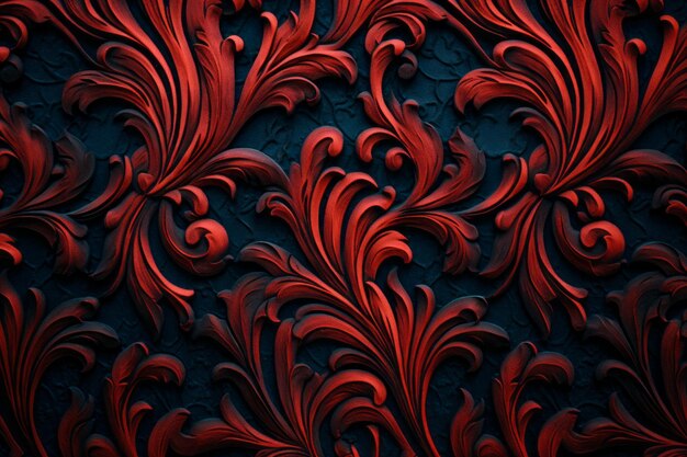 Fond rouge et noir avec un motif de feuilles et de fleurs IA générative