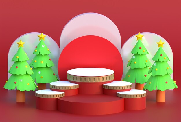 Fond rouge de podium de Noël avec l'illustration 3D de boîte-cadeau et de pin