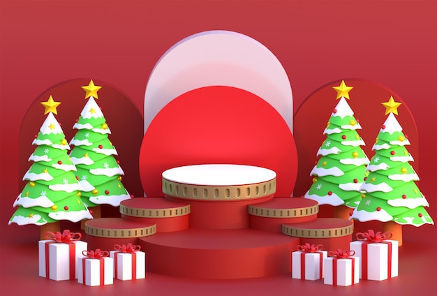 Fond rouge de podium de Noël avec l'illustration 3D de boîte-cadeau et de pin