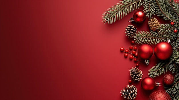 Photo un fond rouge avec un tas de décorations de noël rouges et vertes