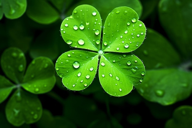 Le fond de la Saint-Patrick est vert, un trèfle à quatre feuilles en gros plan.