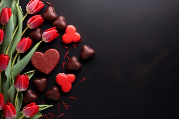 Fond de la Saint-Valentin avec des cœurs de chocolat et des tulipes rouges