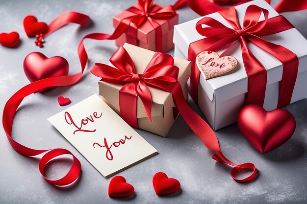 Fond de Saint Valentin composition romantique avec message Love you boîte cadeau rubans rouges et coeurs