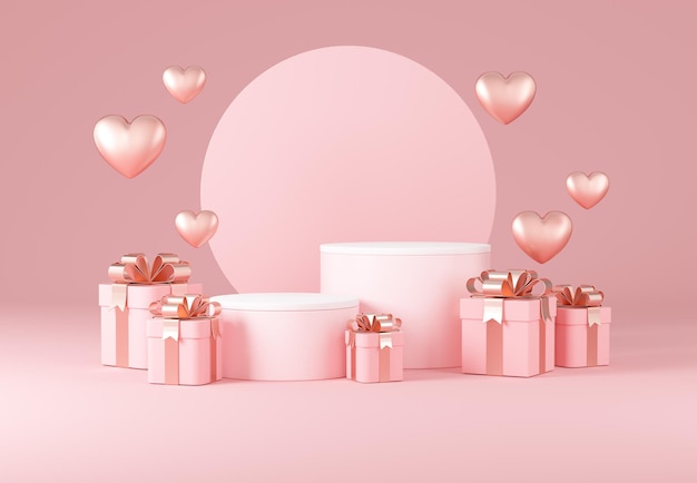 Fond de la Saint-Valentin avec des éléments de décoration de vacances et un podium pour le rendu 3d de la vitrine du produit