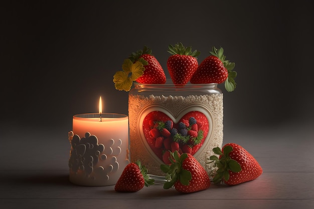 Fond de saint valentin avec des fleurs de fraises et une bougie en forme de coeur