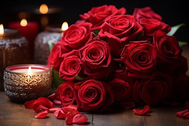 Fond de saint valentin avec des roses rouges et des bougies sur une table en bois