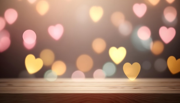 fond de saint valentin avec table en bois vide pour l'affichage du produit, lumières bokeh